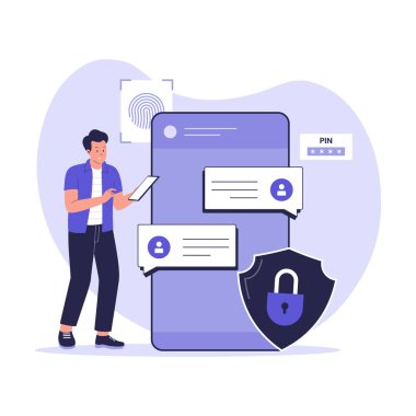 Şifreleme ve Kullanıcı Yetkilendirmesi ile Güvenli Çevrimiçi Mesajlaşmanın İllüstrasyonu. Web siteleri, iniş sayfaları, mobil uygulamalar, posterler ve afişler için çizimler