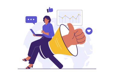 Olumlu Halkla İlişkiler ve Medya İlişkileri Stratejisinin İllüstrasyonu. Web siteleri, iniş sayfaları, mobil uygulamalar, posterler ve afişler için çizimler