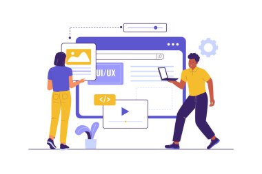 Web Tasarımı için UI UX Arayüz Geliştirmesinin Düz Çizimi. Web siteleri, iniş sayfaları, mobil uygulamalar, posterler ve afişler için çizimler