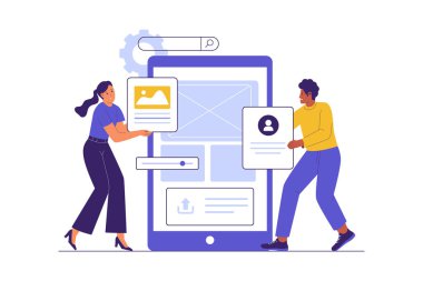 Mobil Uygulama için UI UX Tasarım İşbirliği Düz Çizimi. Web siteleri, iniş sayfaları, mobil uygulamalar, posterler ve afişler için çizimler