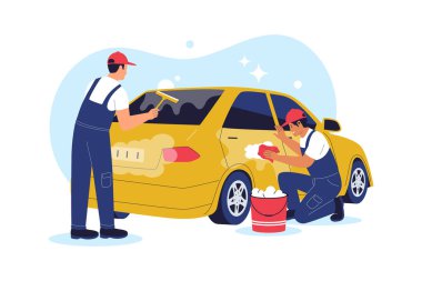 Aracın Arka Tarafını Temizleyen Araba Yıkama İşçileri 'nin Düz Vektör İllüstrasyonu. Web siteleri, iniş sayfaları, mobil uygulamalar, posterler ve afişler için çizimler