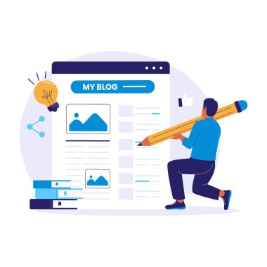 Kalemle Günlük İçeriği Yazan Adam Çizimi. Web siteleri, iniş sayfaları, mobil uygulamalar, posterler ve afişler için çizimler