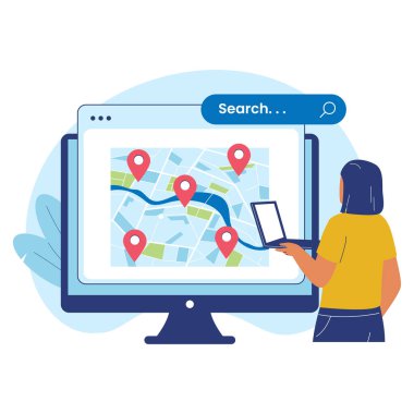 Bilgisayar Haritası ve Location Pins Illustration ile yerel SEO. Web siteleri, iniş sayfaları, mobil uygulamalar, posterler ve afişler için çizimler