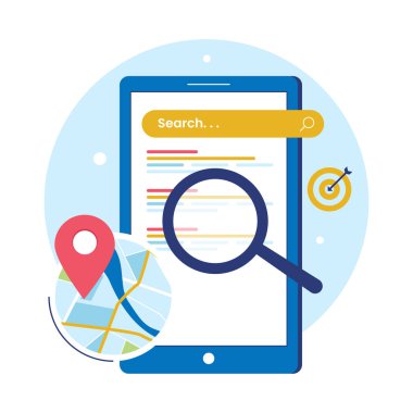 Yerel SEO Optimizasyonu Arama, Harita İğnesi ve Mobil Aygıt Resimleri ile. Web siteleri, iniş sayfaları, mobil uygulamalar, posterler ve afişler için çizimler