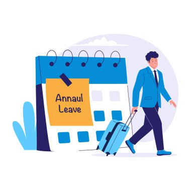 Bavul ve Takvim İllüstrasyonuyla Yıllık İzinde İşadamı. Web siteleri, iniş sayfaları, mobil uygulamalar, posterler ve afişler için çizimler