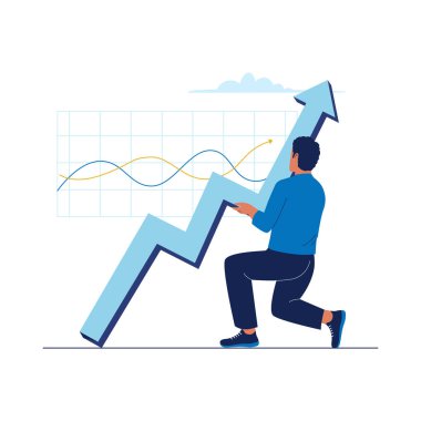 Man Holding Arrow Grafik ve Veri Tablosuyla İş Büyümesi. Web siteleri, iniş sayfaları, mobil uygulamalar, posterler ve afişler için çizimler