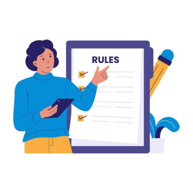 Kadın Tableti Tutma ve Kontrol Listesini İşaret Etme Kuralları. Web siteleri, iniş sayfaları, mobil uygulamalar, posterler ve afişler için çizimler