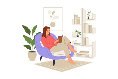 Rahat Kol Sandalyesi Üzerine Kitap Okuyan Kadın Resimleri 'nde dinleniyorum. Web siteleri, iniş sayfaları, mobil uygulamalar, posterler ve afişler için çizimler