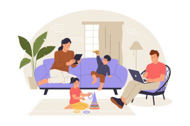 Mutlu Aile Evde Aileler Çalışıyor ve Çocuklar Birlikte Resim Yapıyor. Web siteleri, iniş sayfaları, mobil uygulamalar, posterler ve afişler için çizimler