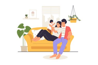 Mutlu Aile Bebek Resimlerinde Koltukta Rahatlıyor. Web siteleri, iniş sayfaları, mobil uygulamalar, posterler ve afişler için çizimler