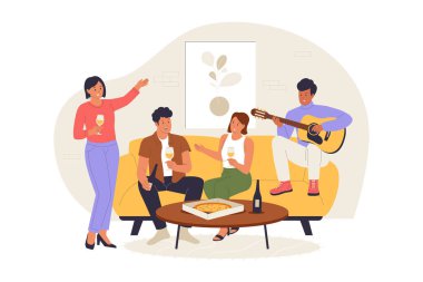 Friends at Home Illustration with Music, Pizza ve İçkiler. Web siteleri, iniş sayfaları, mobil uygulamalar, posterler ve afişler için çizimler