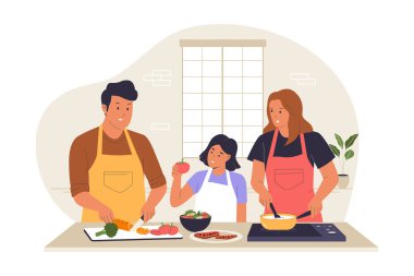Mutfakta Aile Yemek Pişirme, Ebeveynler ve Çocuk Hazırlama Yemekleri. Web siteleri, iniş sayfaları, mobil uygulamalar, posterler ve afişler için çizimler