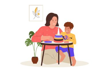 Evde Anne 'nin Eğitim Oyuncakları Kullanan Çocukla Oynaması Çocuk Bakımı. Web siteleri, iniş sayfaları, mobil uygulamalar, posterler ve afişler için çizimler