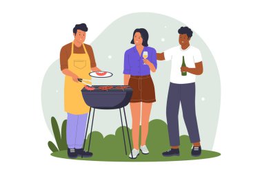 Arka bahçede barbekü partisinin tadını çıkaran arkadaşlar. Web siteleri, iniş sayfaları, mobil uygulamalar, posterler ve afişler için çizimler