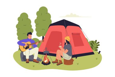 Doğada Çadır ve Kamp ateşi olan Kamp Çifti 'nin Düz Çizimi. Web siteleri, iniş sayfaları, mobil uygulamalar, posterler ve afişler için çizimler