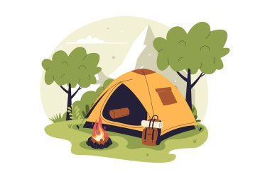 Çadır ve Kamp Ateşiyle Açık Hava Kampı 'nın Düz İllüstrasyonu. Web siteleri, iniş sayfaları, mobil uygulamalar, posterler ve afişler için çizimler