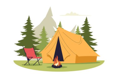 Çam Ormanı 'ndaki Kamp Çadırı ve Kamp Ateşi' nin Düz Çizimi. Web siteleri, iniş sayfaları, mobil uygulamalar, posterler ve afişler için çizimler