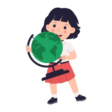 Coğrafya Öğrenimi için Öğrenci Kız Tutma Küresi 'nin Düz Vektör İllüstrasyonu. Web siteleri, iniş sayfaları, mobil uygulamalar, posterler ve afişler için çizimler