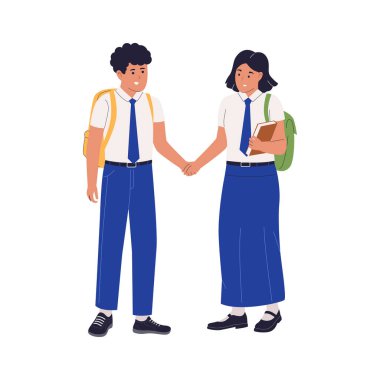 Endonezyalı lise öğrencilerinin el ele tutuşup birlikte gülümsemelerinin Düz Vektör İllüzyonu. Web siteleri, iniş sayfaları, mobil uygulamalar, posterler ve afişler için çizimler