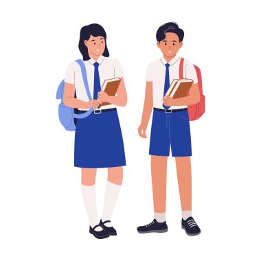 Endonezyalı Ortaokul Öğrencilerinin Kitap ve Sırt Çantası Tutarken Düz Vektör İllüzyonu. Web siteleri, iniş sayfaları, mobil uygulamalar, posterler ve afişler için çizimler