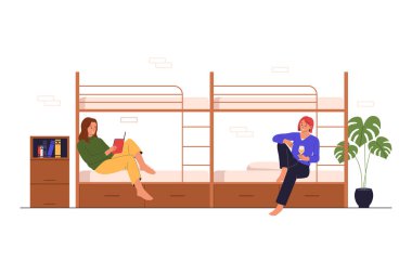 Ranza Yataklarıyla Ortak Yurt Odasında Rahatlayan Kızların Düz Vektör İllüstrasyonu. Web siteleri, iniş sayfaları, mobil uygulamalar, posterler ve afişler için çizimler