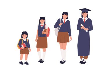 Çocukluktan mezuniyete kadar kadın öğrencilerin Düz Vektör İllüzyonu. Web siteleri, iniş sayfaları, mobil uygulamalar, posterler ve afişler için çizimler