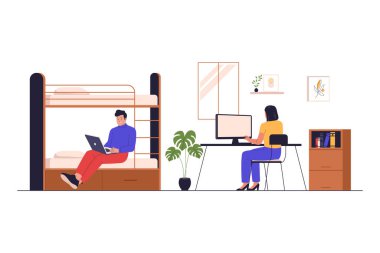 Yurt Odasında Yaşayan ve Çalışan Öğrencilerin Düz Vektör İllüzyonu. Web siteleri, iniş sayfaları, mobil uygulamalar, posterler ve afişler için çizimler