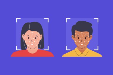 Yüz Tarama ve Yüz Tanıma Teknolojisinin Düz Vektör İllüstrasyonu. Web siteleri, iniş sayfaları, mobil uygulamalar, posterler ve afişler için çizimler