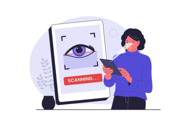 Göz Tanıma Teknolojisi İllüstrasyonu. Güvenli Erişim için biyometrik Iris taraması. Web siteleri, iniş sayfaları, mobil uygulamalar, posterler ve afişler için çizimler