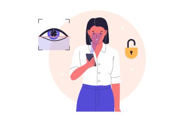 Akıllı telefon güvenliği için göz tanıma. Biyometrik Erişim Teknolojisi Çizimi. Web siteleri, iniş sayfaları, mobil uygulamalar, posterler ve afişler için çizimler