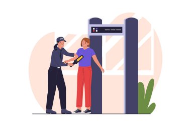 Walkthrough Vücut Tarayıcısı ile güvenlik kontrol noktası. Web siteleri, iniş sayfaları, mobil uygulamalar, posterler ve afişler için çizimler