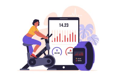 Akıllı Fitness Giyilebilir İzleme Kapalı alanda Bisiklet Çalışması. Web siteleri, iniş sayfaları, mobil uygulamalar, posterler ve afişler için çizimler