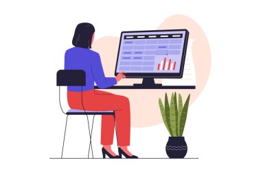 Veri girişi üzerinde çalışan kadın. Bilgisayar ve Hesap Tablosuyla Ofis Masası. Web siteleri, iniş sayfaları, mobil uygulamalar, posterler ve afişler için çizimler