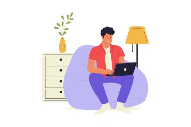 Fasulye Torbası Sandalyesinde Evden Çalışan Adam. Web siteleri, iniş sayfaları, mobil uygulamalar, posterler ve afişler için çizimler