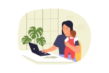 Laptop 'ta çalışırken Anne Bebeği Tutuyor. Evde Ebeveynlik İllüstrasyonundan Çalışmalar. Web siteleri, iniş sayfaları, mobil uygulamalar, posterler ve afişler için çizimler