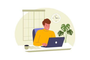 İçişleri Bakanlığı 'nda dizüstü bilgisayarda çalışan bir adam. Web siteleri, iniş sayfaları, mobil uygulamalar, posterler ve afişler için çizimler