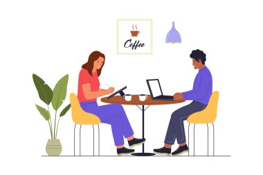 Kahve Dükkanı Masası 'nda laptoplarla takım çalışması. Cafe Illustration 'da işbirliği. Web siteleri, iniş sayfaları, mobil uygulamalar, posterler ve afişler için çizimler