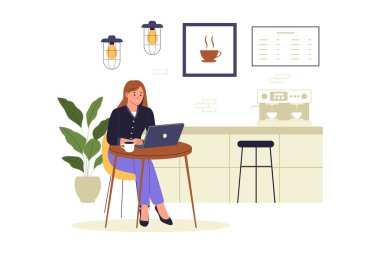 Laptop 'la kafeden çalışan serbest çalışan kadın. Kahve Dükkanı Çalışma Alanı İllüstrasyonu. Web siteleri, iniş sayfaları, mobil uygulamalar, posterler ve afişler için çizimler