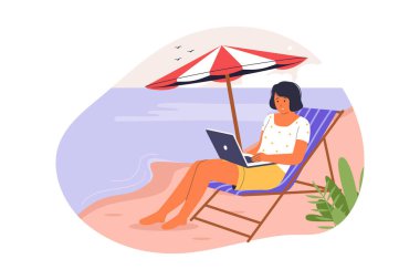 Dizüstü bilgisayarlı Şemsiye Altındaki Plaj Sandalyesi 'nde çalışan bir kadın. Web siteleri, iniş sayfaları, mobil uygulamalar, posterler ve afişler için çizimler.