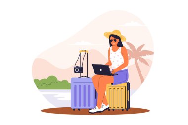 Seyahat ederken Uzaktan Çalışmanın Düz Vektörü. Bavulla birlikte dizüstü bilgisayarda çalışan bir kadın. Web siteleri, iniş sayfaları, mobil uygulamalar, posterler ve afişler için çizimler