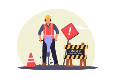 İnşaat işçisi matkap kullanıyor. Yol Çalışmaları ve Yıkım Çizimi. Web siteleri, iniş sayfaları, mobil uygulamalar, posterler ve afişler için çizimler