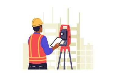 Theodolite kullanan araştırmacının yan görüntüsü. Şehir İnşaat Alanı. Web siteleri, iniş sayfaları, mobil uygulamalar, posterler ve afişler için çizimler