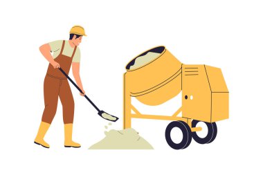 İnşaat işçisi çimentoyu Kürek ve Beton Karıştırıcı ile karıştırıyor. Web siteleri, iniş sayfaları, mobil uygulamalar, posterler ve afişler için çizimler