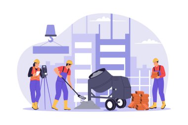 İnşaat Alanı Ekibi İş Resimlerinde. Araştırmacı, Mason ve Mixer. Web siteleri, iniş sayfaları, mobil uygulamalar, posterler ve afişler için çizimler