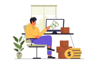 Side Hustle için bilgisayarda çalışan adam. İçişleri Bakanlığı. Vektör Düz Çizim