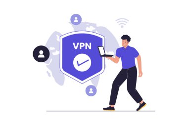 Güvenli İnternet Bağlantısı İllüstrasyonu için VPN kullanan adam. Vektör Düz Çizim