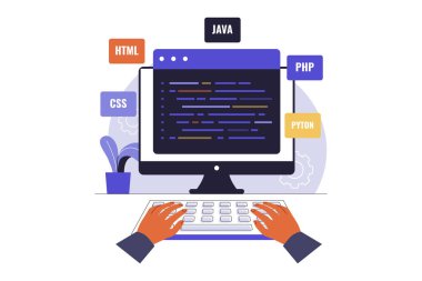 Hands Coding on Keyboard with Various Programming Languages. Website Development. Vector Flat Illustration clipart svg vector 