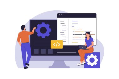 Arka Uç Programlama ve Web Sitesi Geliştirme İllüstrasyonu. Vektör Düz Çizim