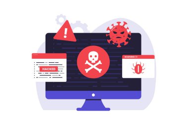 Virüs ve Virüs İllüstrasyonu tarafından hacklenen bilgisayar. Vektör Düz Çizim