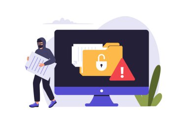 Veri İhlali ve Bilgi Hırsızlığı İllüstrasyonu. Vektör Düz Çizim